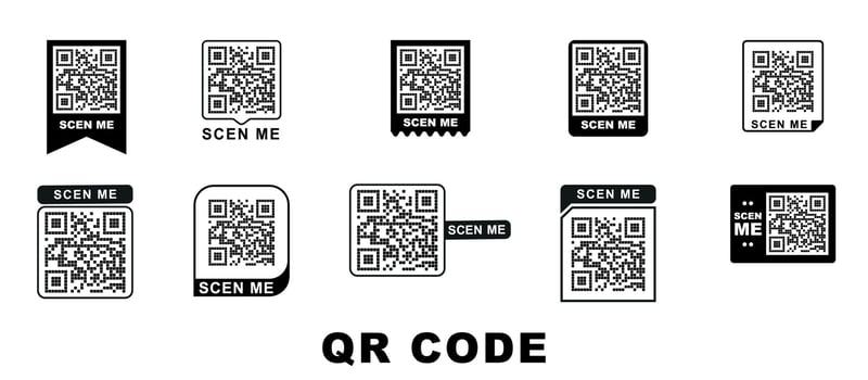 Qr code frame vector set. Scan me phone tag. Qr code mock up, mockup. Barcode smartphone id icon. Cellphone qrcode banner. Mobile payment and identity on white background.
