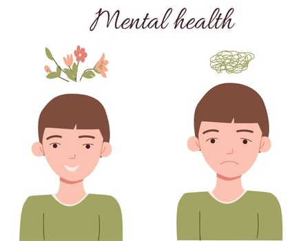 mental health concept sad and happy boy . Vector illustration litlle boy and mental problems.