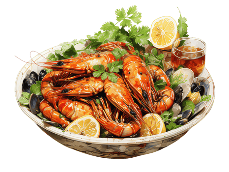 Summer Meal Fresh Seafood Delight - Delicious Shrimp and Prawn Feast, with herbs, lemons, corianders, and olives. Watercolor Illustration, Transparent Background AI Generative png