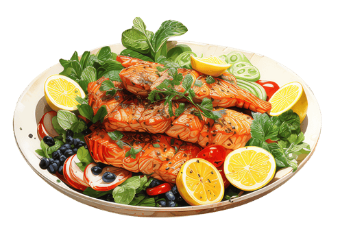 Summer Meal Fresh Seafood Delight - Delicious Shrimp and Prawn Feast, with herbs, lemons, corianders, and olives. Watercolor Illustration, Transparent Background AI Generative png
