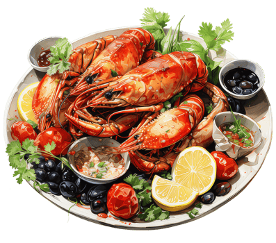 Summer Meal Fresh Seafood Delight - Delicious Shrimp and Prawn Feast, with herbs, lemons, corianders, and olives. Watercolor Illustration, Transparent Background AI Generative png