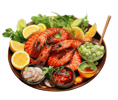 Summer Meal Fresh Seafood Delight - Delicious Shrimp and Prawn Feast, with herbs, lemons, corianders, and olives. Watercolor Illustration, Transparent Background AI Generative png
