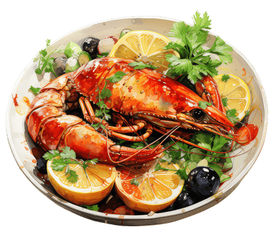 Summer Meal Fresh Seafood Delight - Delicious Shrimp and Prawn Feast, with herbs, lemons, corianders, and olives. Watercolor Illustration, Transparent Background AI Generative png