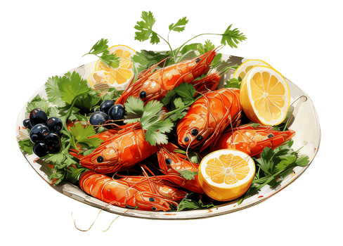 Summer Meal Fresh Seafood Delight - Delicious Shrimp and Prawn Feast, with herbs, lemons, corianders, and olives. Watercolor Illustration, Transparent Background AI Generative png