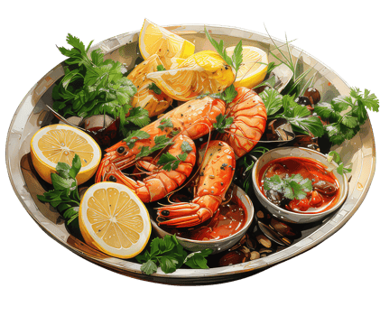 Summer Meal Fresh Seafood Delight Delicious Shrimp and Prawn Feast, with herbs, lemons, corianders, and olives. Watercolor Illustration, Transparent Background AI Generative png
