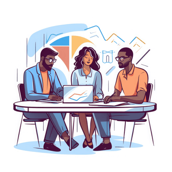 people around a table with laptop with charts thinking about financials . AI Generated png