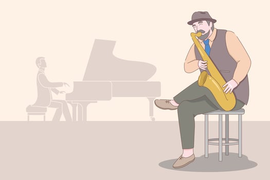 senior man grandpa plays the saxophone, cartoon vector illustration.