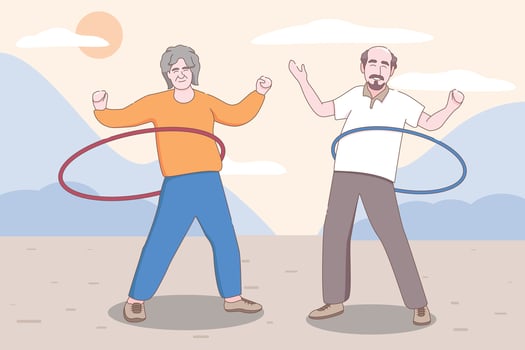 Elderly couple practicing yoga, Grandparents doing exercises, Sport, Morning exercises, Cartoon vector illustration.