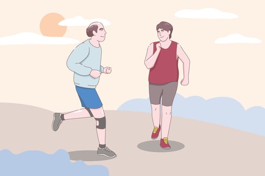Senior age couple running, elderly man and woman jogging, people character vector illustration