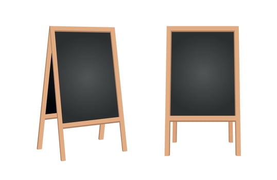 Sidewalk chalkboard. Outdoor restaurant blackboard with wood frame. Empty cafe texting easel vector isolated mockup. Chalkboard blank frame for menu restaurant billboard illustration.