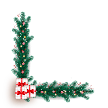 christmas corner  decoration with christmas ball,pine branch and snow flex png