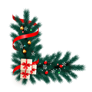 christmas corner  decoration with christmas ball,pine branch and snow flex png