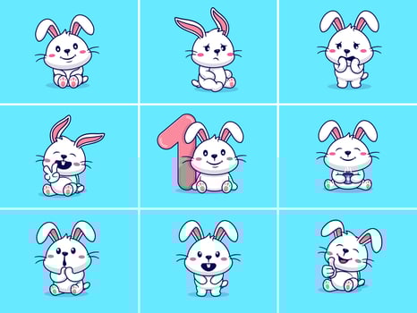 Set of cute rabbit characters with different emoticons vector