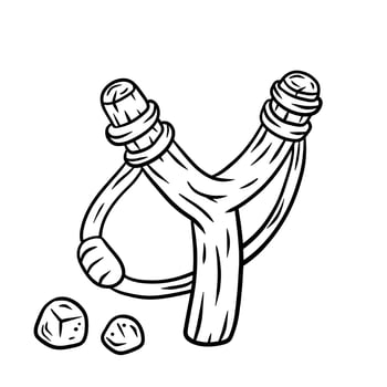 Slingshot. Wooden catapult. Children toy for throwing stones. Shooting and small rock. Cartoon drawn illustration isolated on white background vector