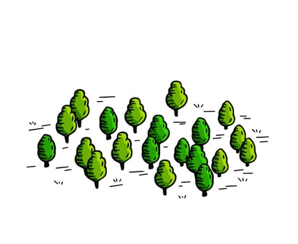 Trees for map. Hand drawn Green forest. Sketch park area. Outline cartoon illustration vector