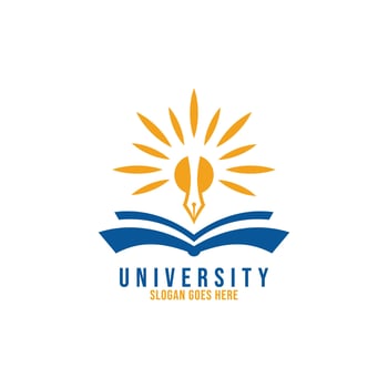 University logo with book, sun and pen logo vector. Education logo template design concept. vector