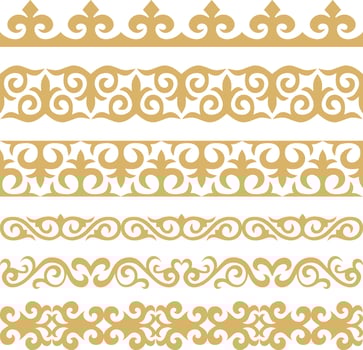 Set of vector gold seamless Kazakh national ornament. Ethnic pattern of the nomadic peoples of the great steppe, the Turks. Border, frame Mongols, Kyrgyz, Buryats, Kalmyks.