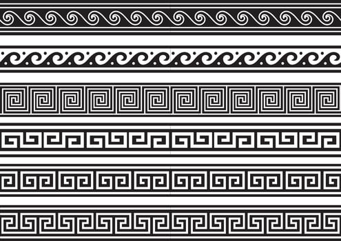 Set of vector monochrome seamless greek classic ornament. Pattern for a border and a frame. Ancient Greece and the Roman Empire. Endless black meander.