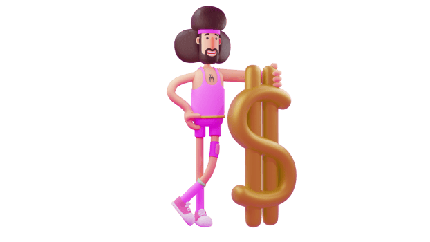 3D Illustration. Rich Athlete 3D cartoon character. A cool athlete stands next to the gold dollar symbol. Athlete stands by crossing his legs and putting one hand on the waist. 3D cartoon character png