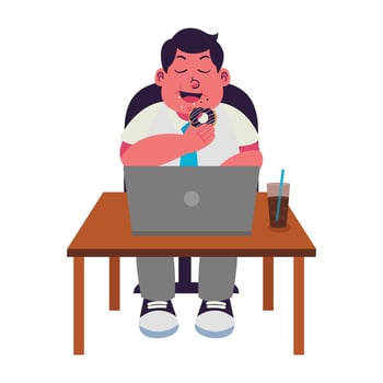 Male Fat People overweight plus size obesity Working and Eating at Desk Illustration vector