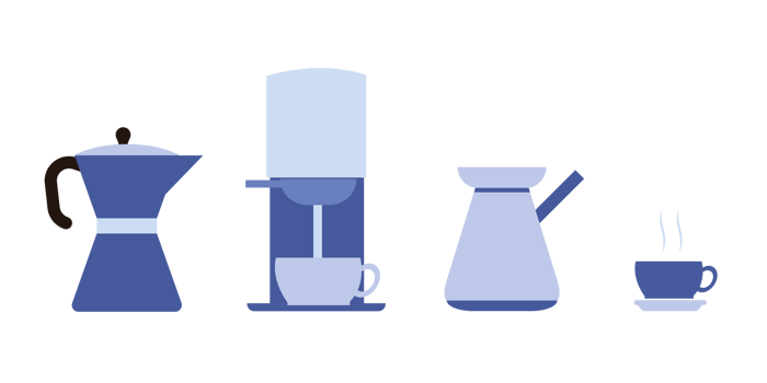 Set for coffee lovers. Isolated coffee elements. French press, coffee machine, mug, cup, milk pitcher, kettle. Icon collection for menu, coffee shop. png