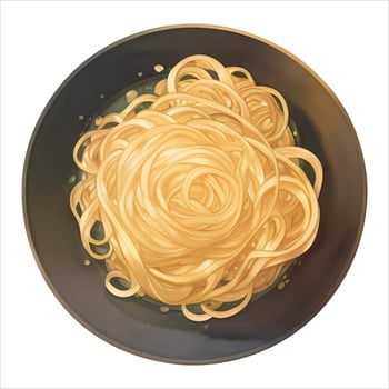 Noodle or Spaghetti Pasta in Bowl or Plate Top View Isolated Detailed Hand Drawn Painting Illustration vector