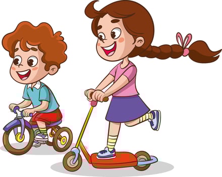 vector illustration of cute kids riding bike and scooter