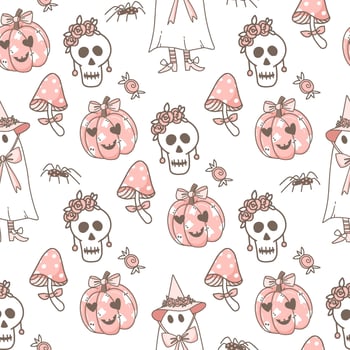 Cute Hand Drawn pink Halloween Vector Seamless Pattern