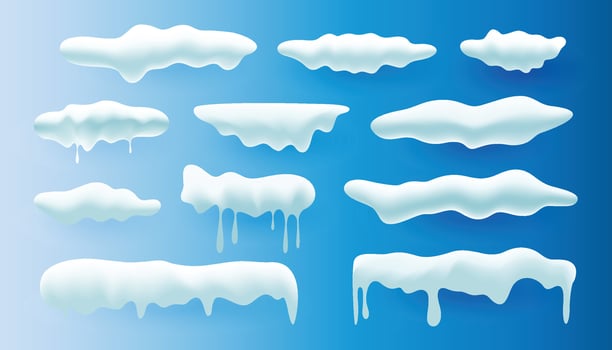 Snow 3d vector realistic set. Snowdrifts and icicles, winter. Christmas decorations