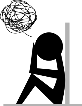 Depressed person with confused thoughts sitting sad with wall png