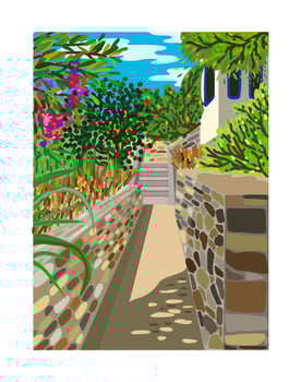 Greece. Greek house with staircase. Flowering trees. Greek landscape. Vector illustration.