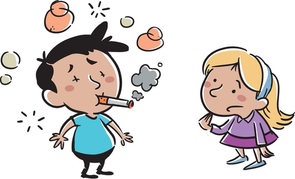 Children trying to smoke a cigarette, bad habits vector