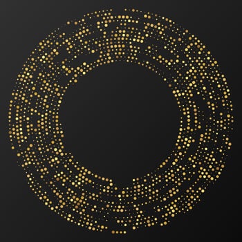 Abstract gold glowing halftone dotted background. Gold glitter pattern in circle form. Circle halftone dots. Vector illustration