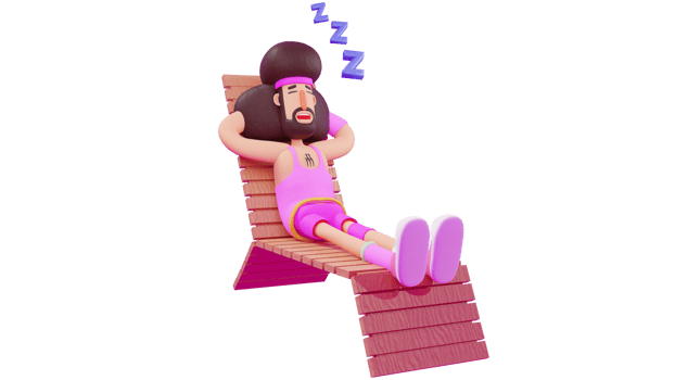3D illustration. Tired Athlete 3D cartoon character. Athlete fall asleep on long wooden chair. Athlete feel tired with his busy activities. Athletes still wear pink costumes. 3D cartoon character png
