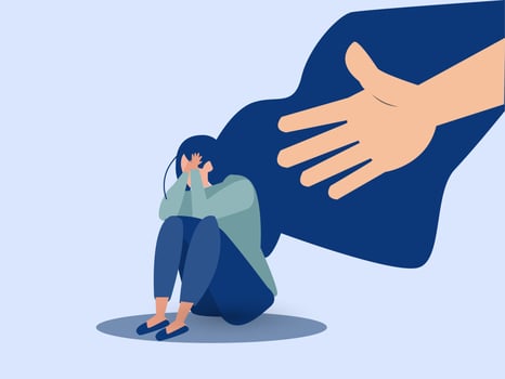 A hand helps a woman to get rid of stress. A young female crying and covering her face. Lonely girl needs support, and care because of depression, anxiety. Mental health concept. Vector illustration.