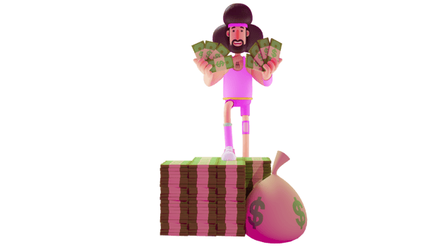 3D illustration. Rich Athlete 3D cartoon character. Successful athlete standing on pile of money. Athlete showing off a lot of money he holds. Athlete showing happy expression. 3D cartoon character png