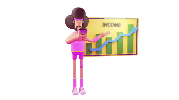 3D illustration. Businessman 3D cartoon character. Sports businessman showing his earnings on board. Businessman in sportswear and looking at tablet intently. 3D cartoon character png