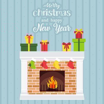 Vector illustration of a Christmas living room with fireplace, gifts, garland and fir-tree.