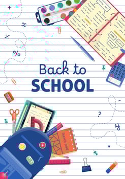 Back to school poster template. Blue backpack and open notebook with different stationery, supplies, items. Design for cover, educational study promotion ads, social media, invitation, website vector
