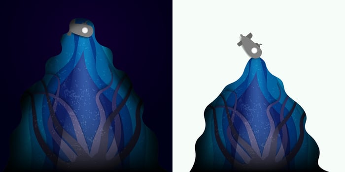 Exploring Submarine Origami Art Design. A Submarine in deep sea trenches unaware of big tentacles coming from above. Paper Origami Concept Art. Underwater Paper cut-out design. Vector Illustration.