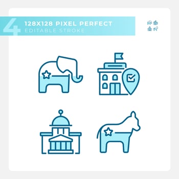 Pixel perfect blue icons representing voting and political parties, isolated vector illustration, editable politics and election signs.