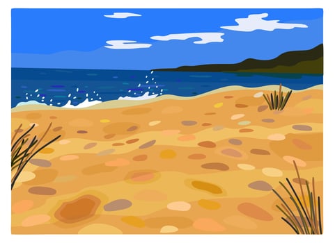 Sandy seashore. Summer vacations. Picturesque seashore. Vector illustration