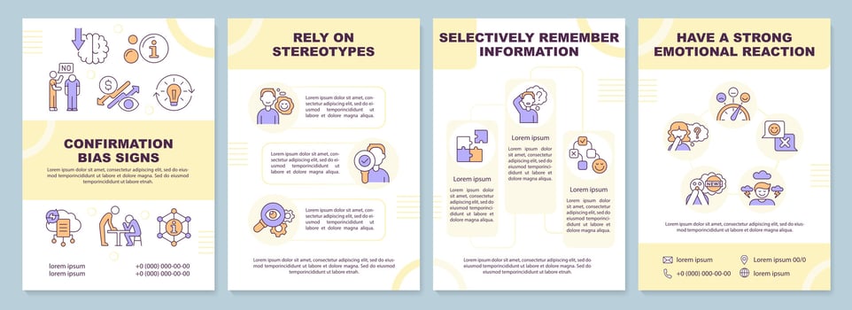 Confirmation bias signs brochure template. Decision making. Leaflet design with linear icons. Editable 4 vector layouts for presentation, annual reports