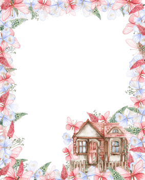 Watercolor hand drawn full of flowers square frame. png