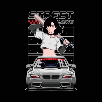 drift wars car vector illustration with baseball bat woman character, for printing and other uses.