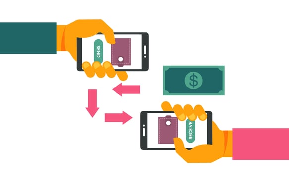 People sending and receiving money wireless with their mobile phones illustration vector
