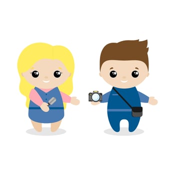 Boy and girl journalist cartoon style. Set of cute cartoon children in professions. Vector illustration