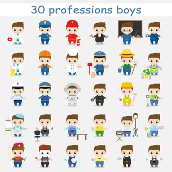 Set of cute cartoon children in professions. Boys in professions. Vector illustration