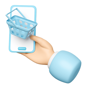 3d hand holding smartphone with basket isolated. hand using mobile phone, online shopping concept, 3d render illustration png