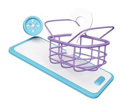 3d mobile phone, smartphone with shopping carts, basket, question mark symbol, clock isolated. online shopping concept, 3d render illustration png